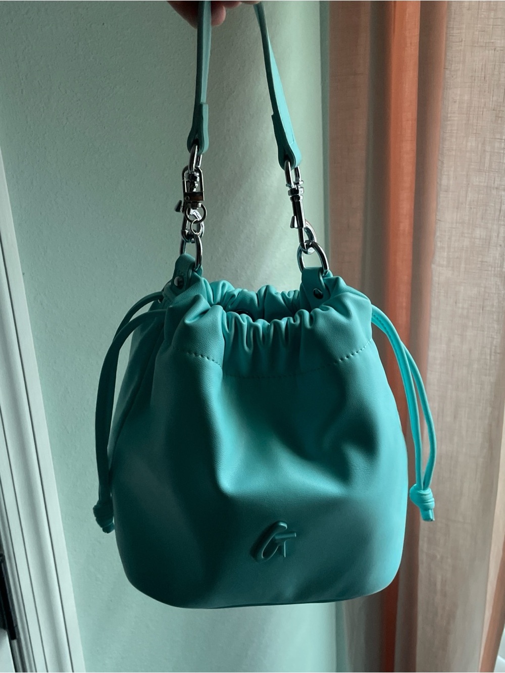 Teal Drawstring Shoulder Bag with Silver Hardware